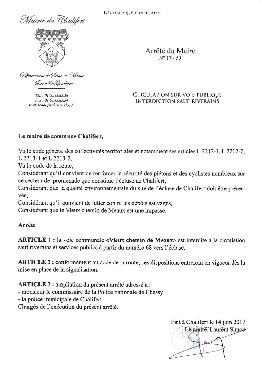 Arrêté barrière chemin de meaux 170617