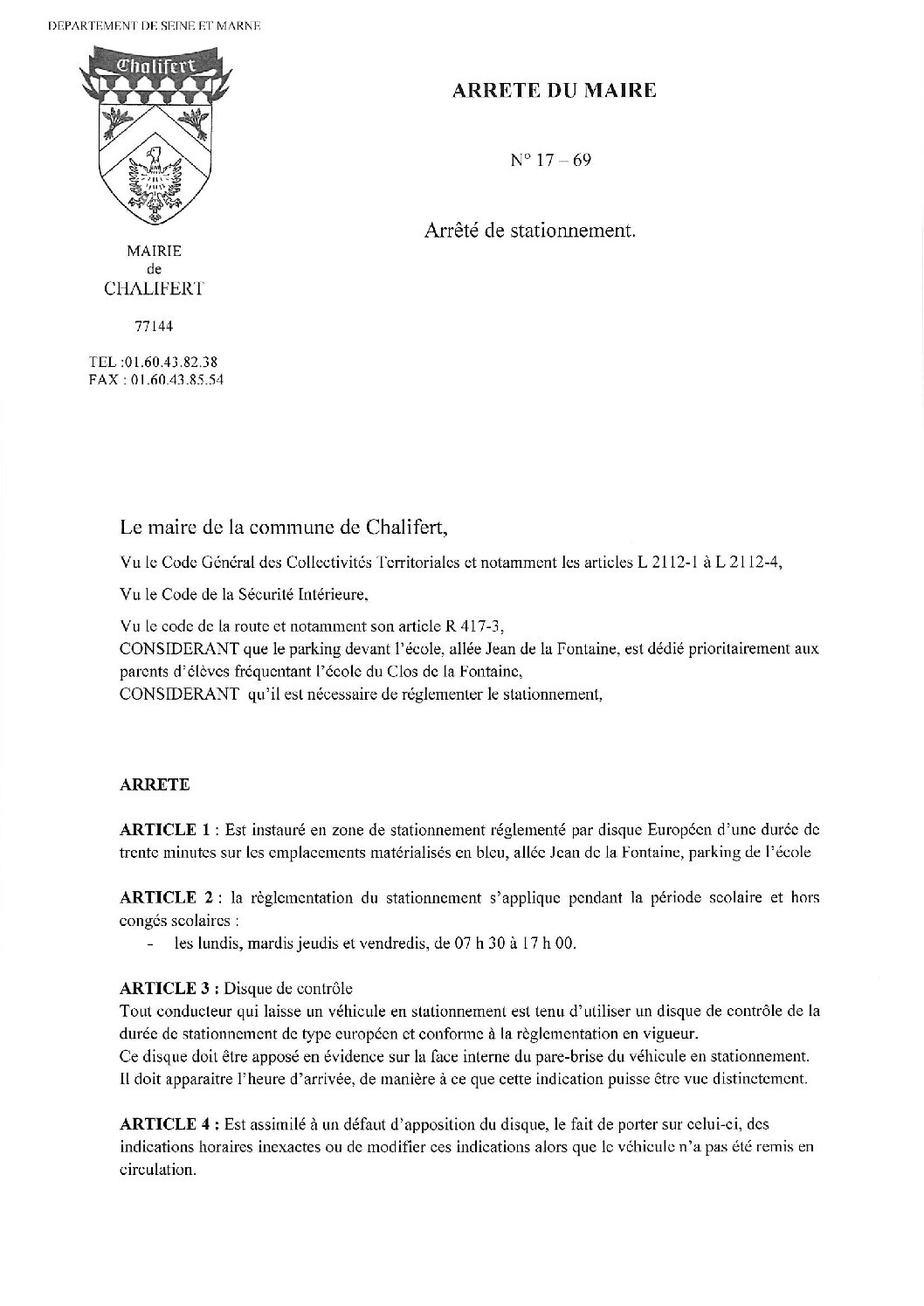 Arrete stationnement zone bleue 1769